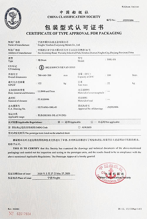 Certificate Of Type Approval For Packaging